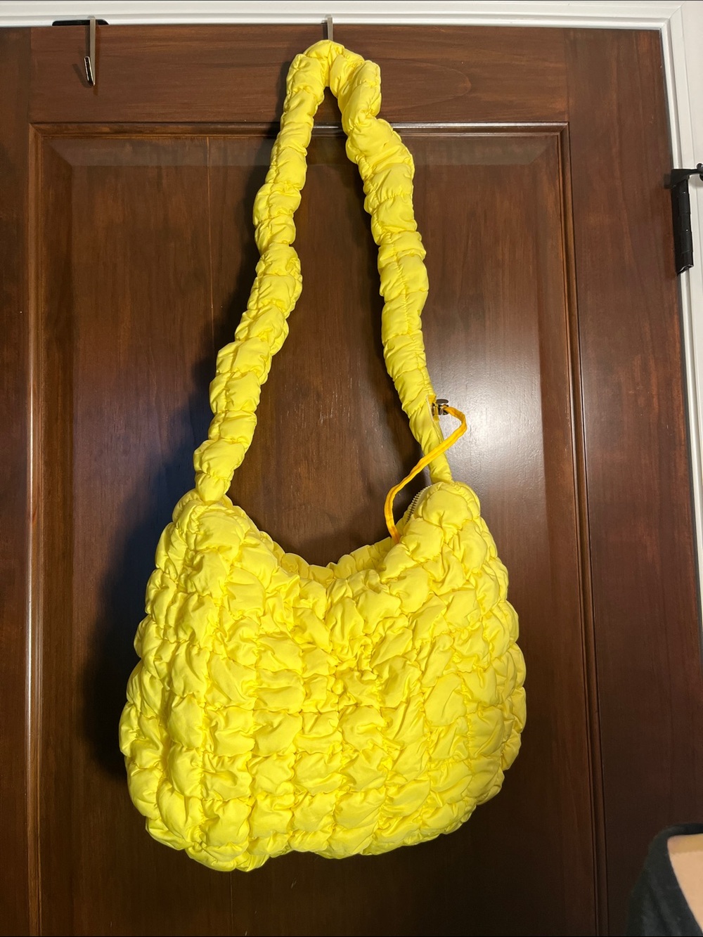 Machine Washable Yellow Puffer Quilted Shoulder Bag with Ruched Strap
